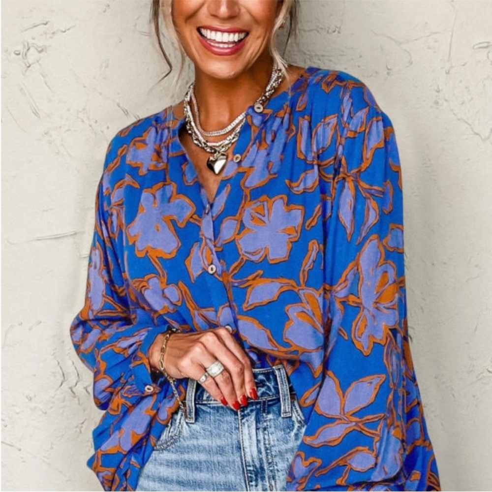 NWT Floral Blue and Orange Blouse